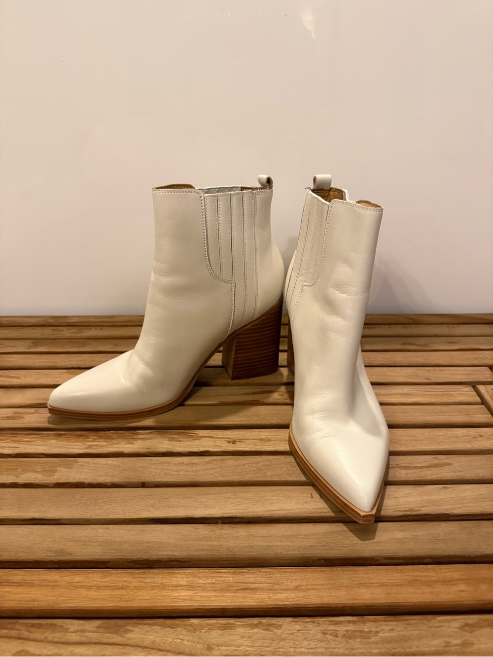 Marc Fisher White Pointed Leather Ankle Booties with Stacked Heel